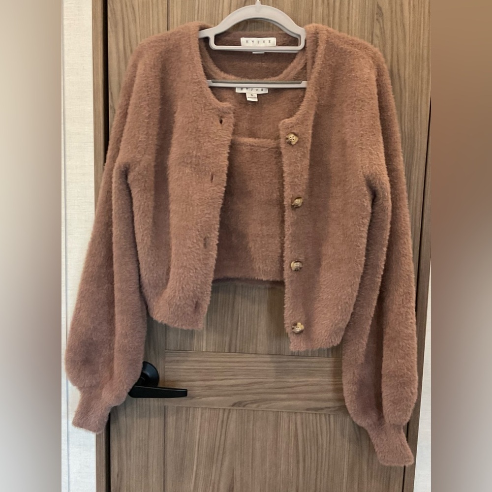 Hyfve Womens 2 Piece Fuzzy Tank And Button Up Blouse Sweater Size S